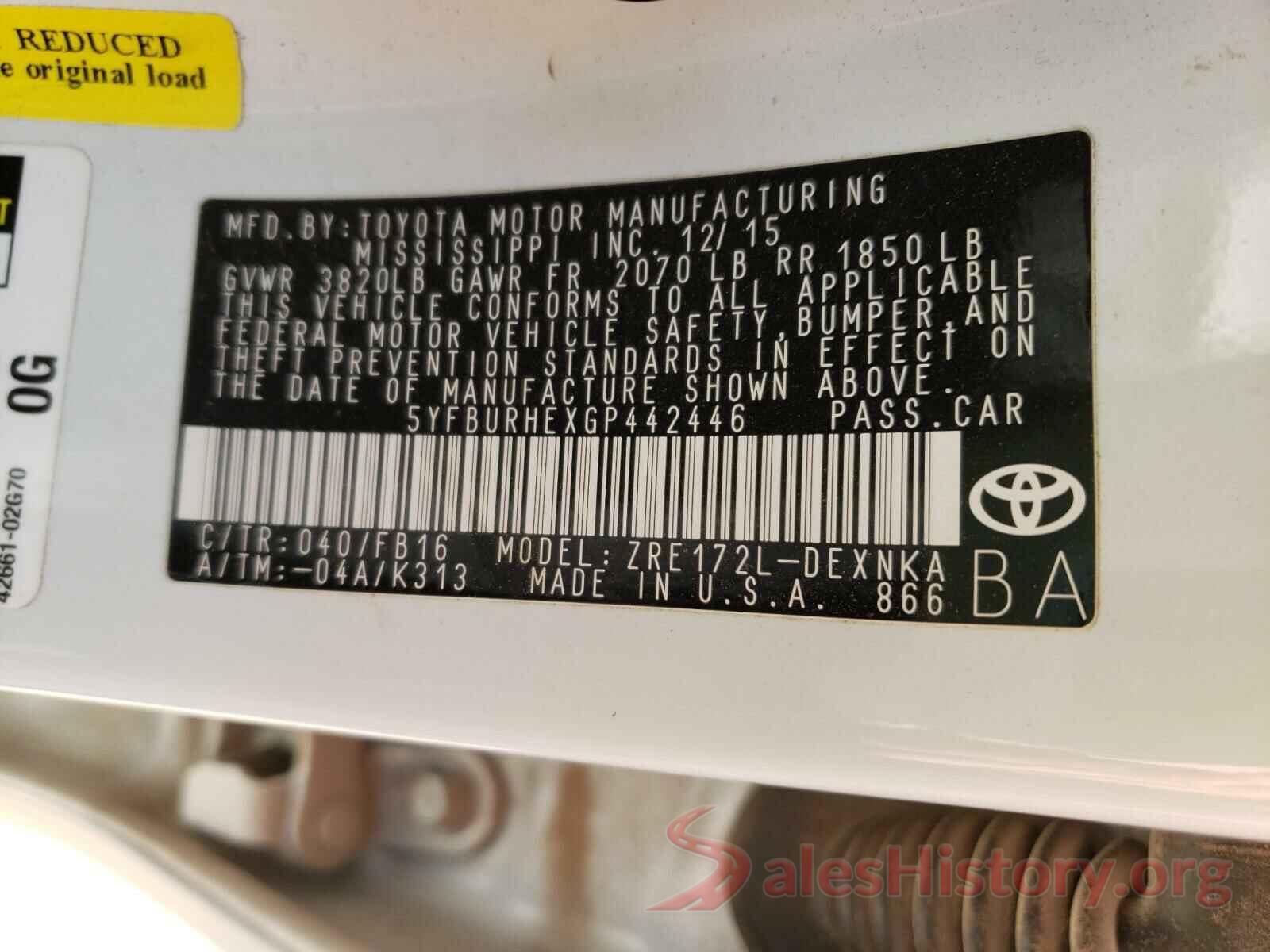 5YFBURHEXGP442446 2016 TOYOTA COROLLA