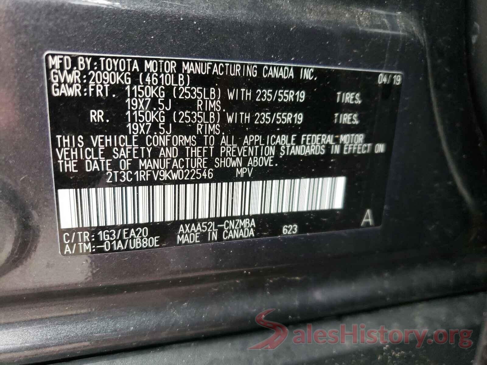 2T3C1RFV9KW022546 2019 TOYOTA RAV4