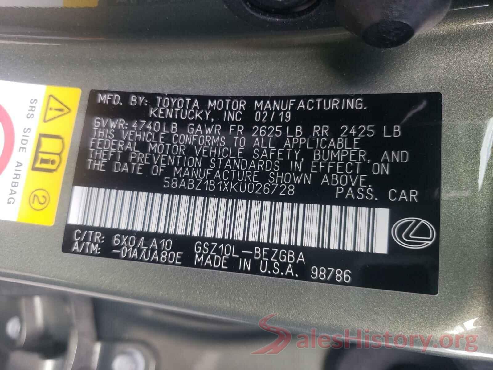 58ABZ1B1XKU026728 2019 LEXUS ES350