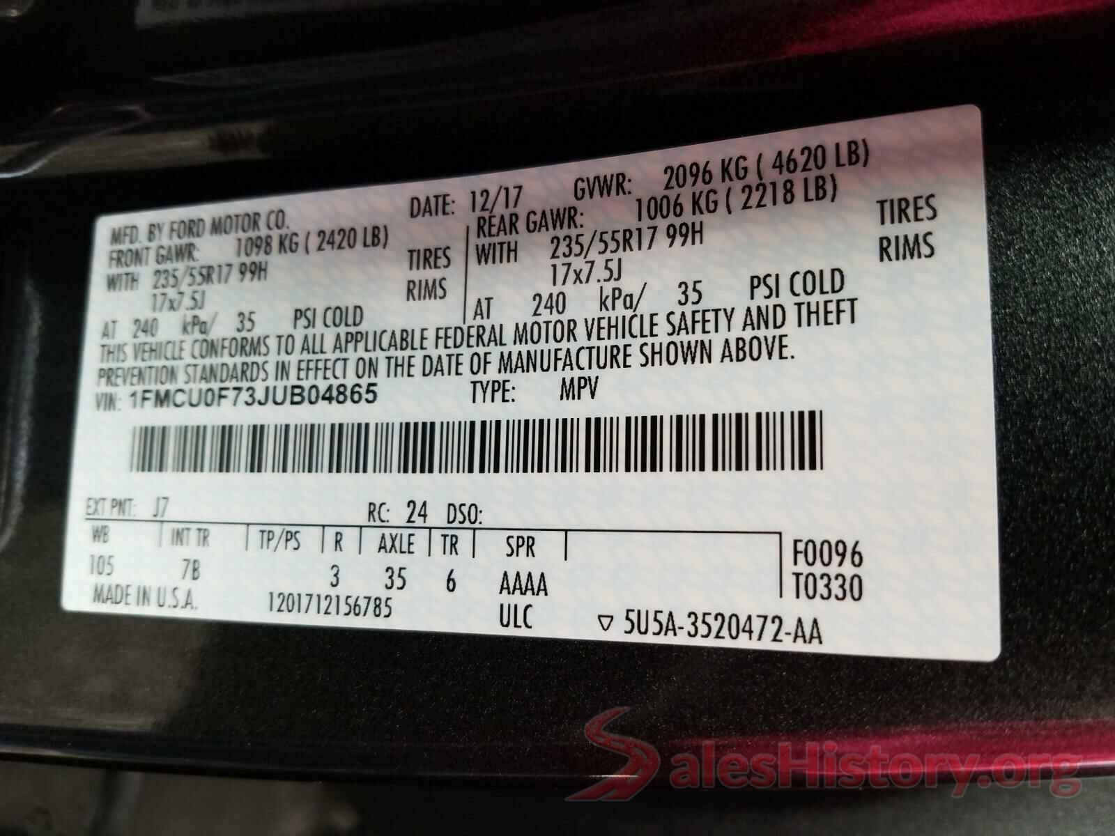 1FMCU0F73JUB04865 2018 FORD ESCAPE