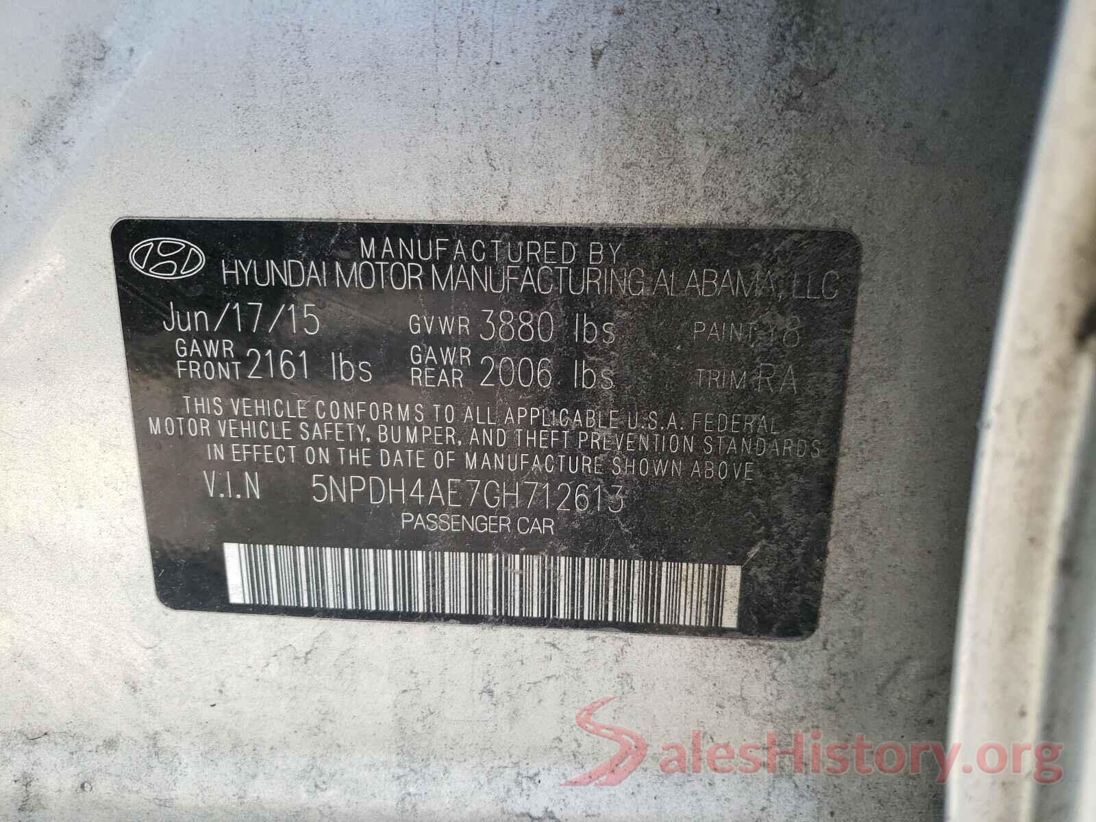 5NPDH4AE7GH712613 2016 HYUNDAI ELANTRA