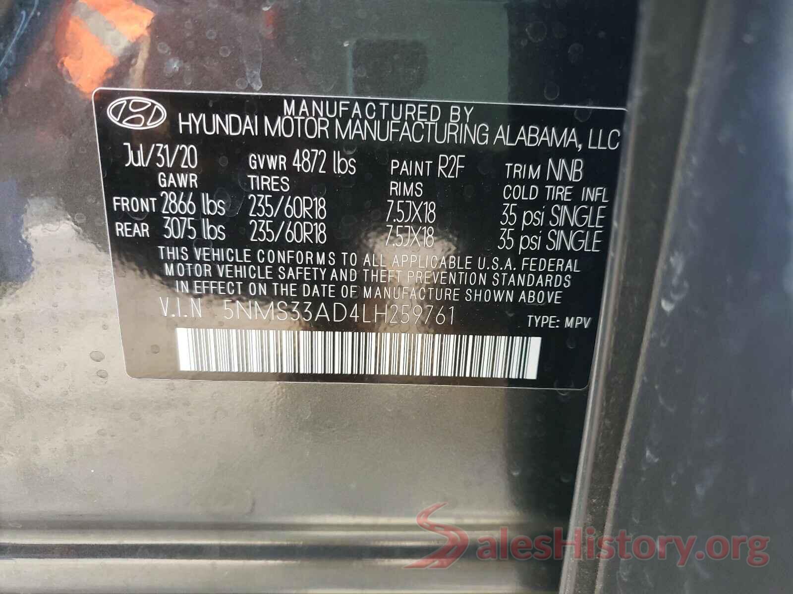 5NMS33AD4LH259761 2020 HYUNDAI SANTA FE