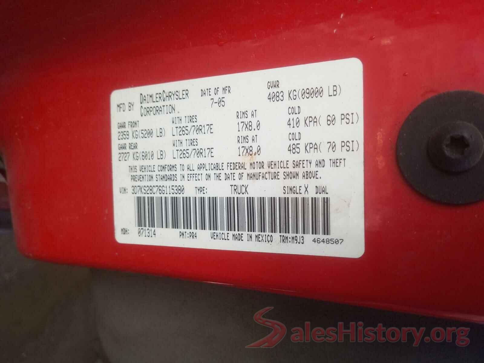 5FNYF5H52LB007343 2006 DODGE RAM 2500