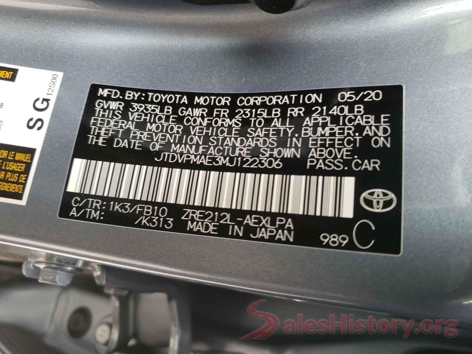 JTDVPMAE3MJ122306 2021 TOYOTA COROLLA