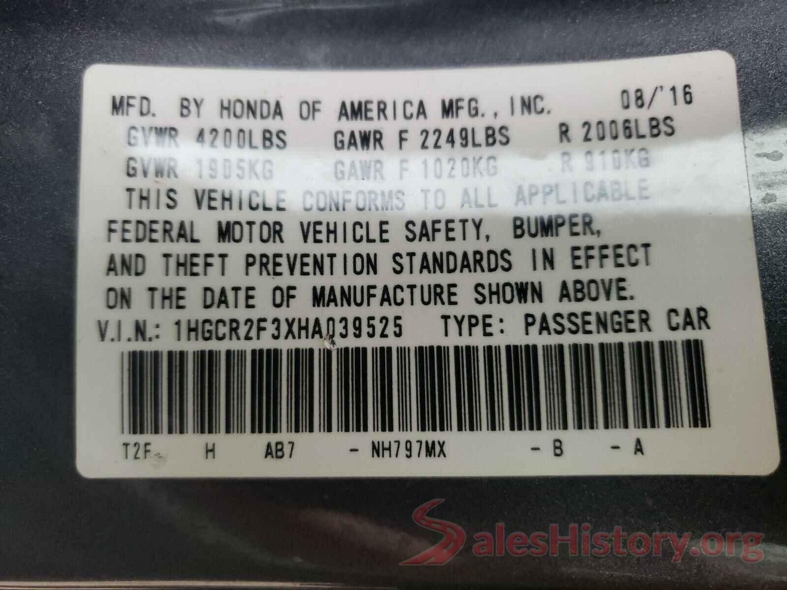 1HGCR2F3XHA039525 2017 HONDA ACCORD