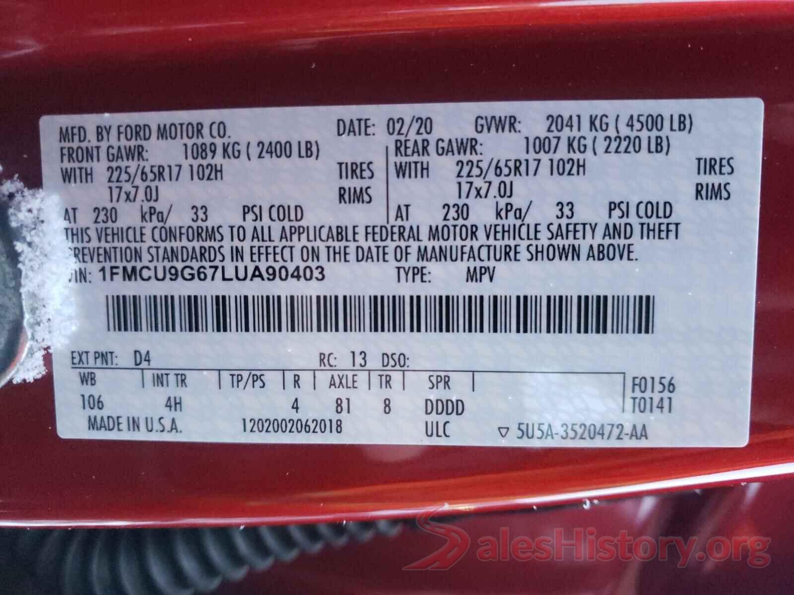 1FMCU9G67LUA90403 2020 FORD ESCAPE