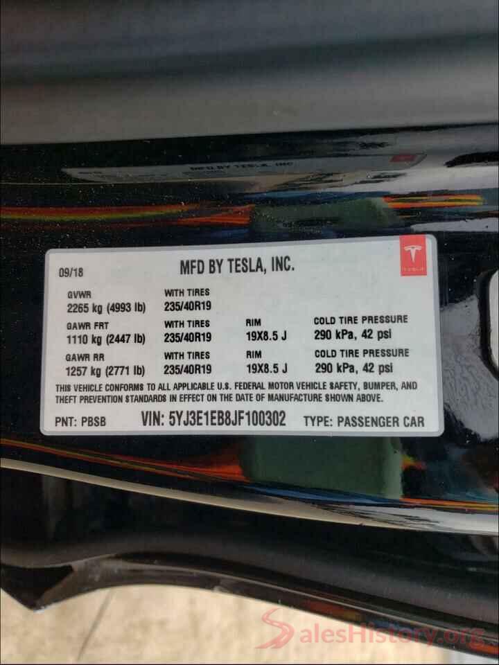 5YJ3E1EB8JF100302 2018 TESLA MODEL 3