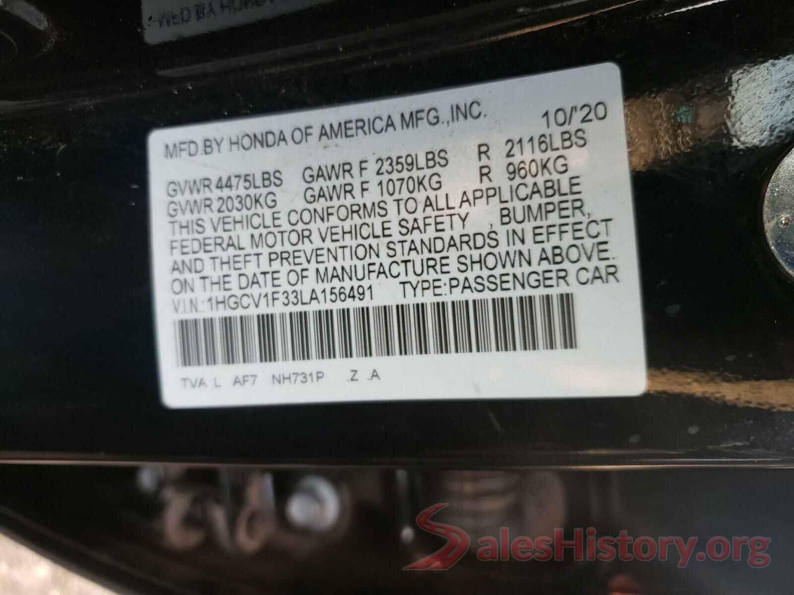 1HGCV1F33LA156491 2020 HONDA ACCORD