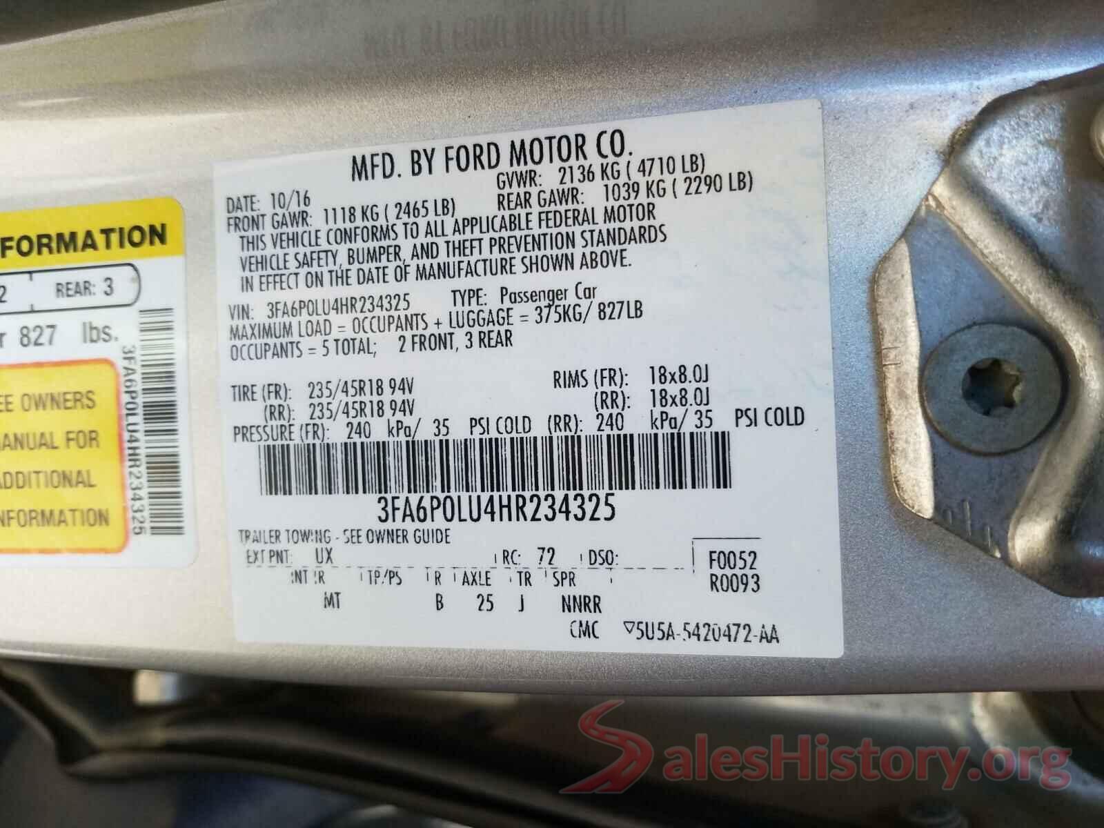 3FA6P0LU4HR234325 2017 FORD FUSION