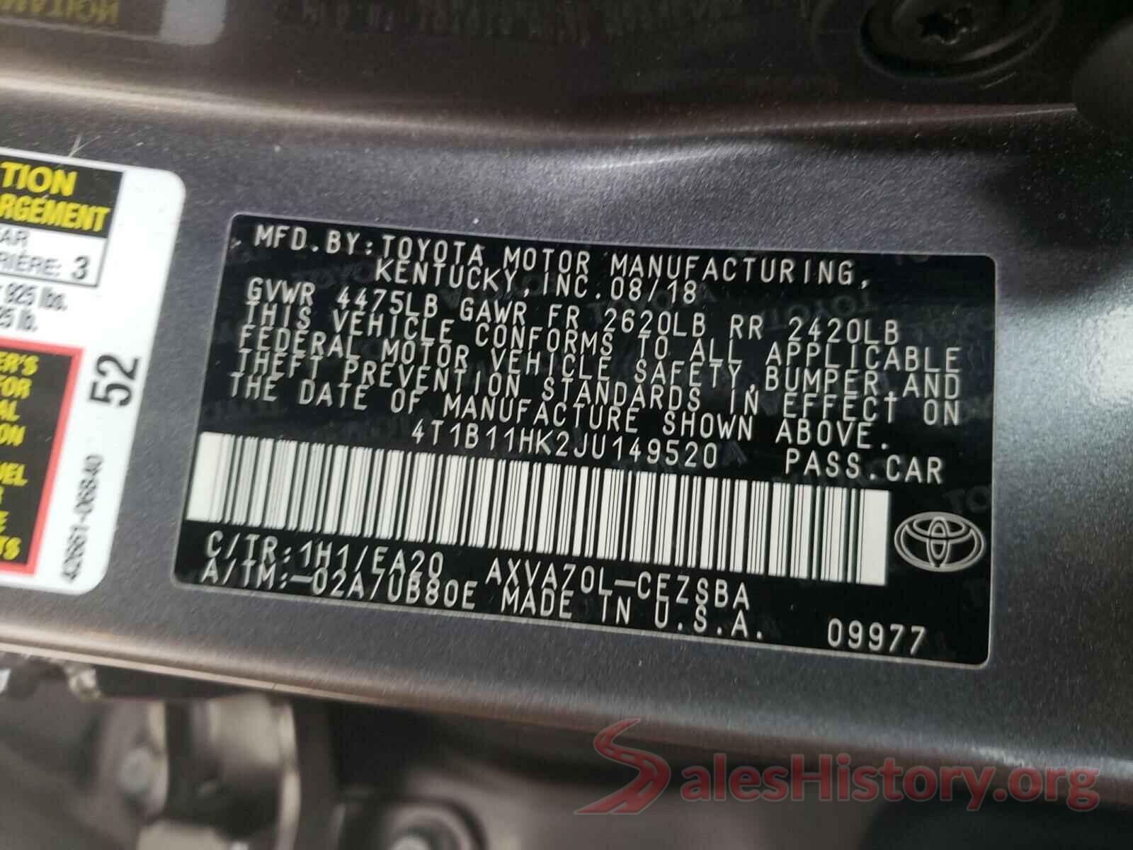 4T1B11HK2JU149520 2018 TOYOTA CAMRY