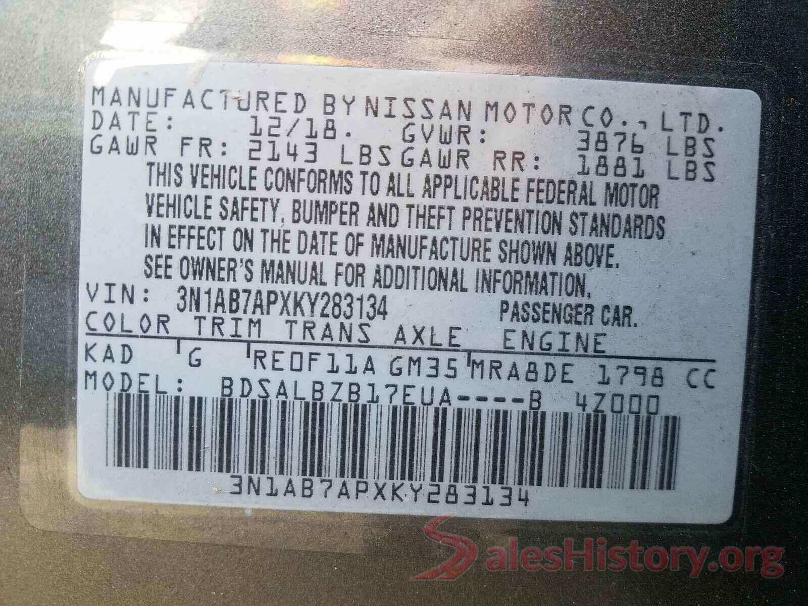 3N1AB7APXKY283134 2019 NISSAN SENTRA