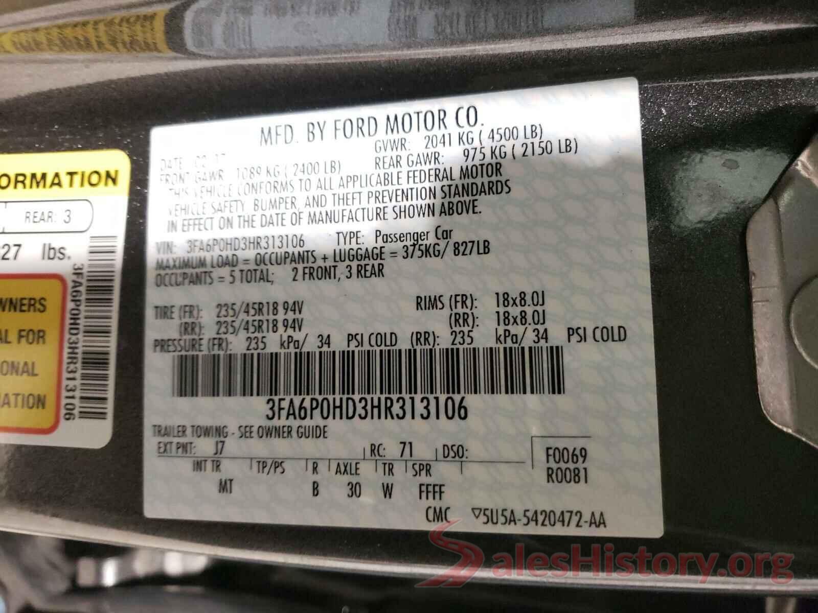 3FA6P0HD3HR313106 2017 FORD FUSION