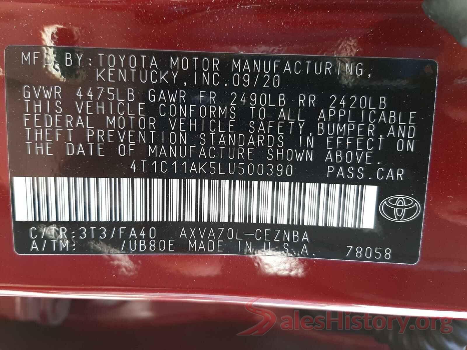 4T1C11AK5LU500390 2020 TOYOTA CAMRY