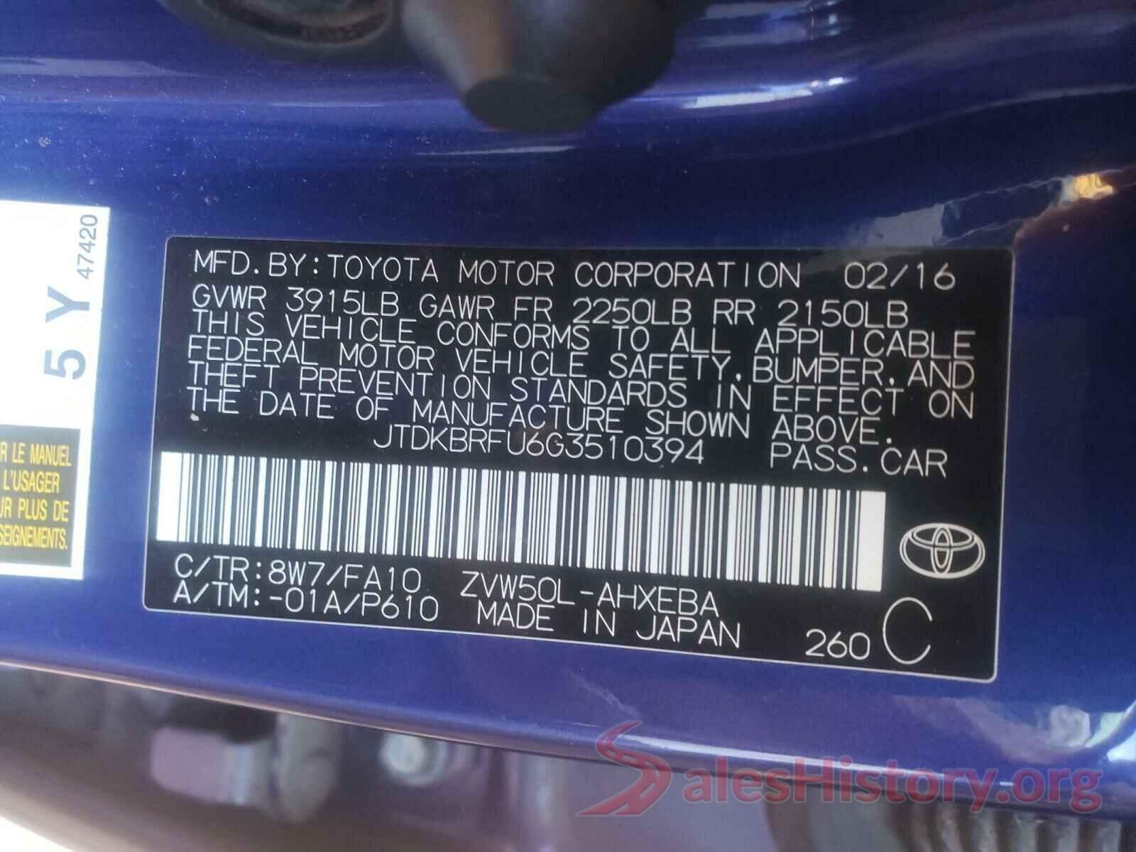 JTDKBRFU6G3510394 2016 TOYOTA PRIUS