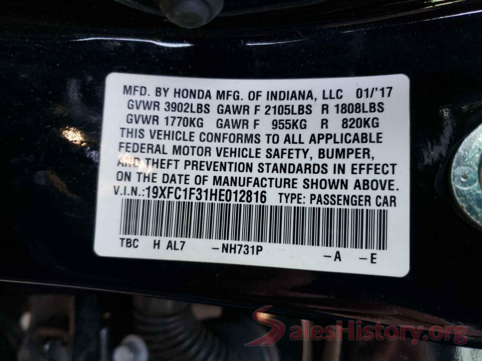 19XFC1F31HE012816 2017 HONDA CIVIC