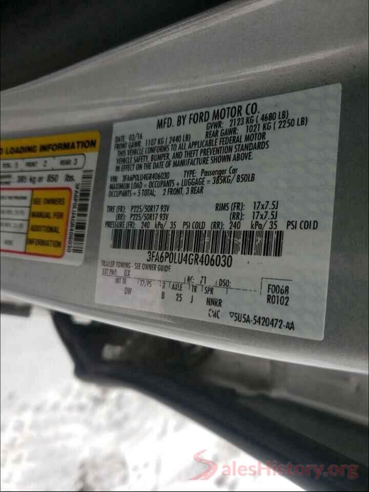 3FA6P0LU4GR406030 2016 FORD FUSION