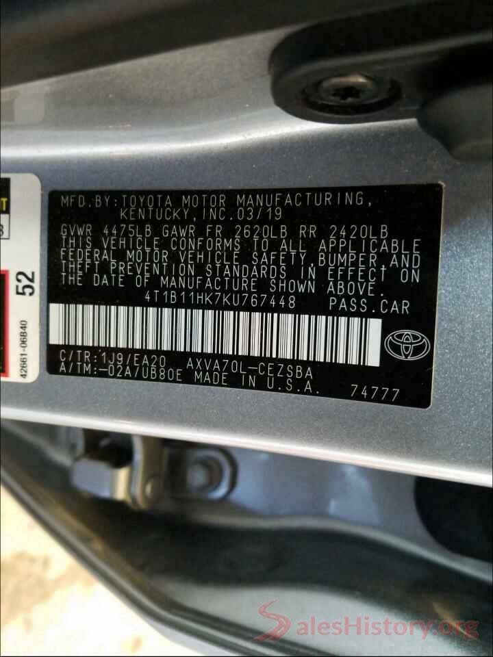 4T1B11HK7KU767448 2019 TOYOTA CAMRY