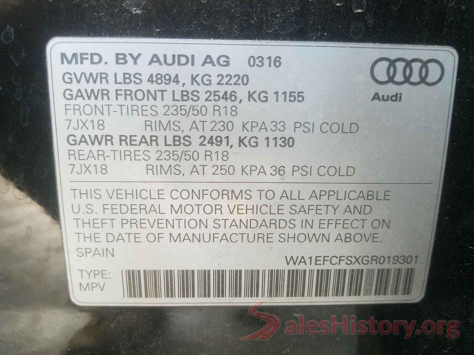 WA1EFCFSXGR019301 2016 AUDI Q3