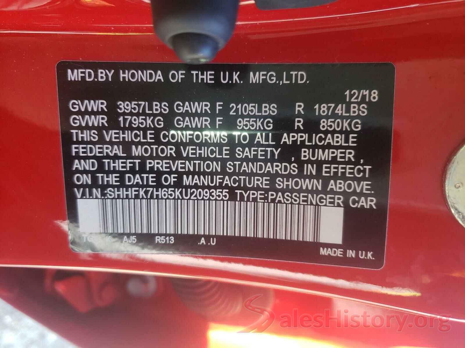 SHHFK7H65KU209355 2019 HONDA CIVIC