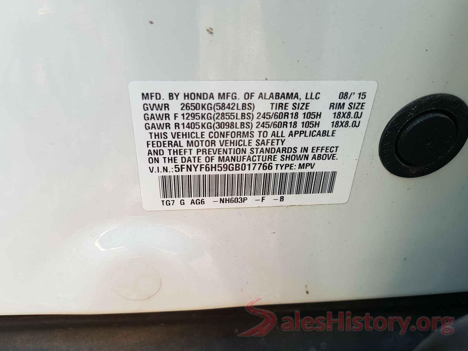 5FNYF6H59GB017766 2016 HONDA PILOT