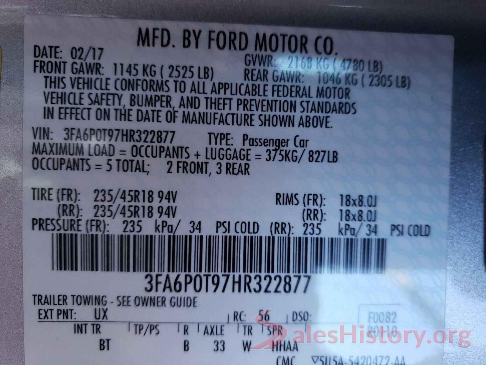 3FA6P0T97HR322877 2017 FORD FUSION