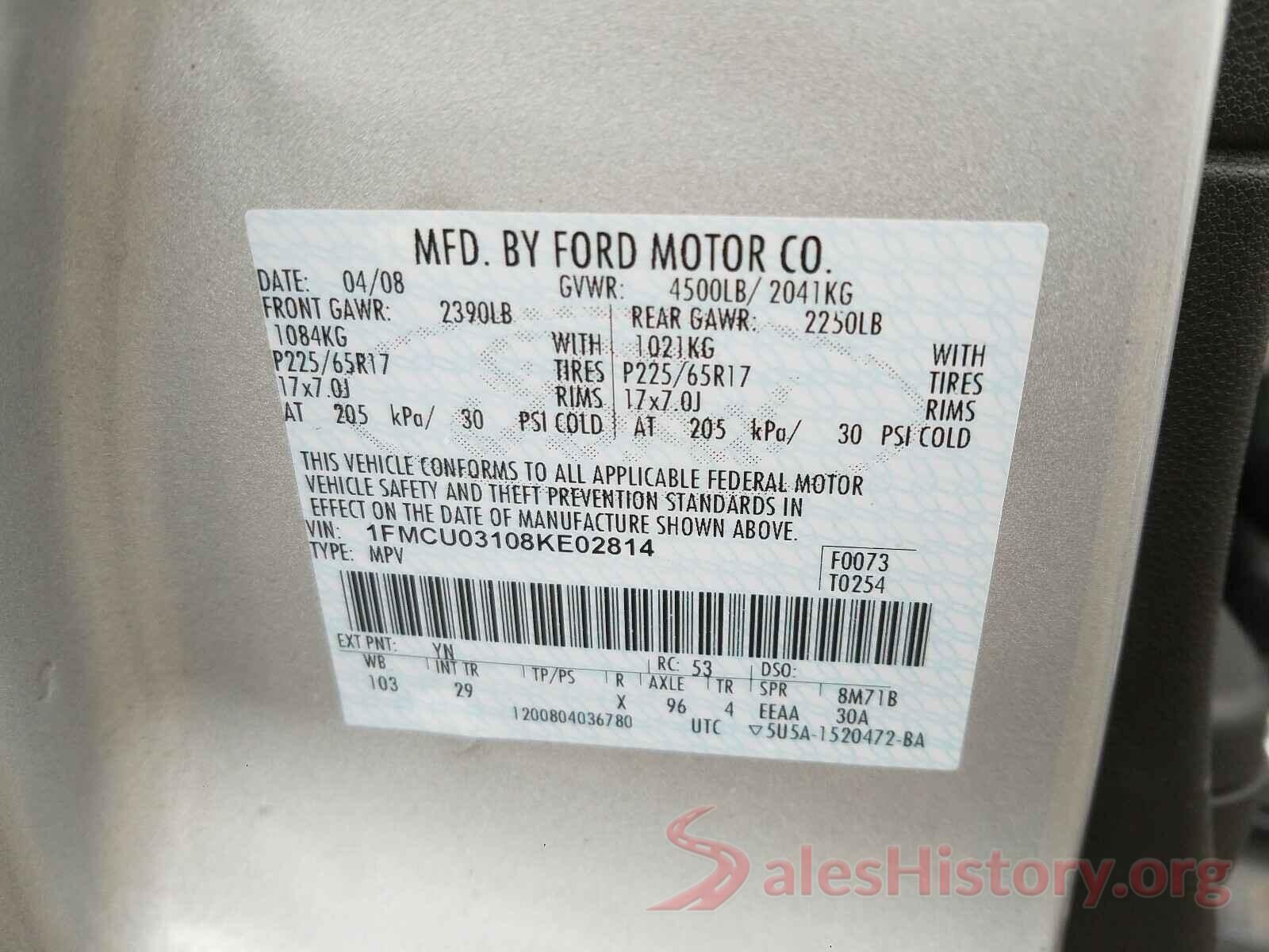 5NPE34AF0GH436187 2008 FORD ESCAPE