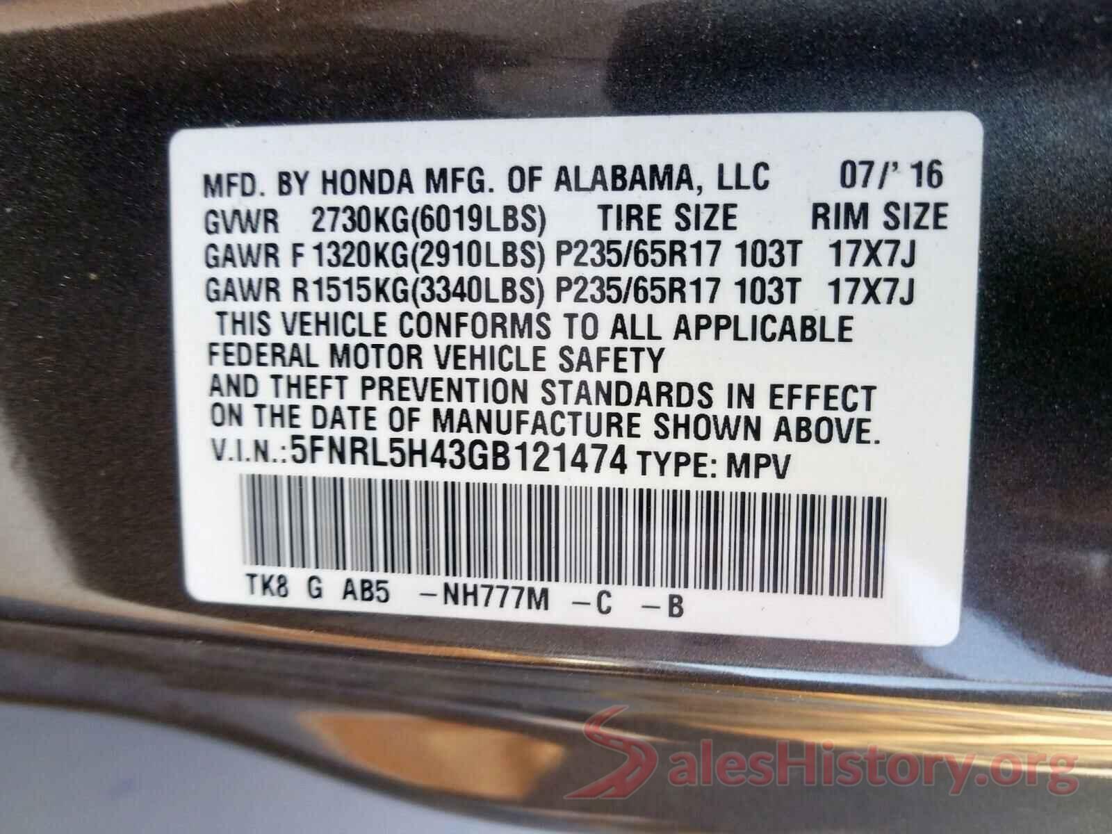 WDDWF8DB2KR483854 2016 HONDA ODYSSEY