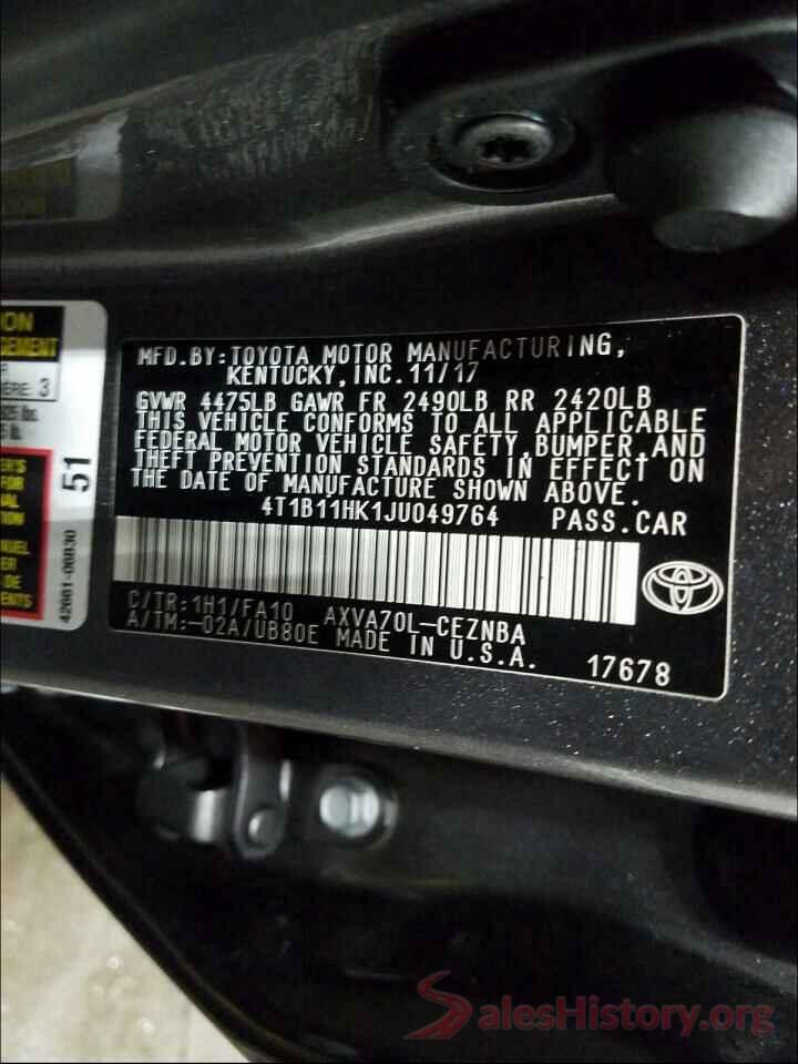 4T1B11HK1JU049764 2018 TOYOTA CAMRY