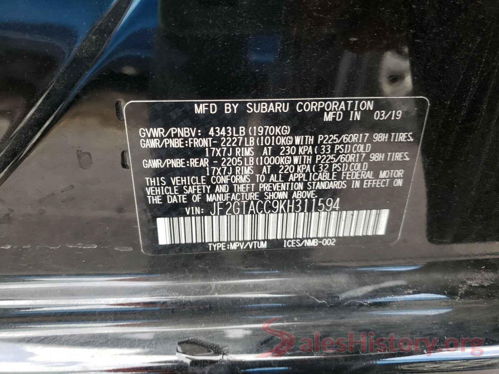 JF2GTACC9KH311594 2019 SUBARU CROSSTREK