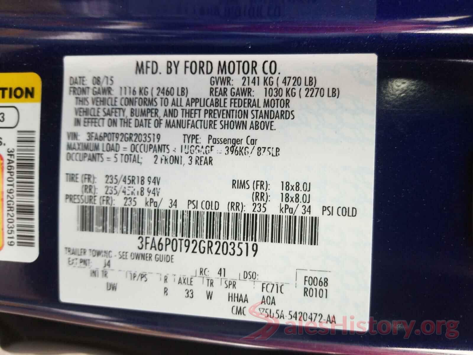 3FA6P0T92GR203519 2016 FORD FUSION