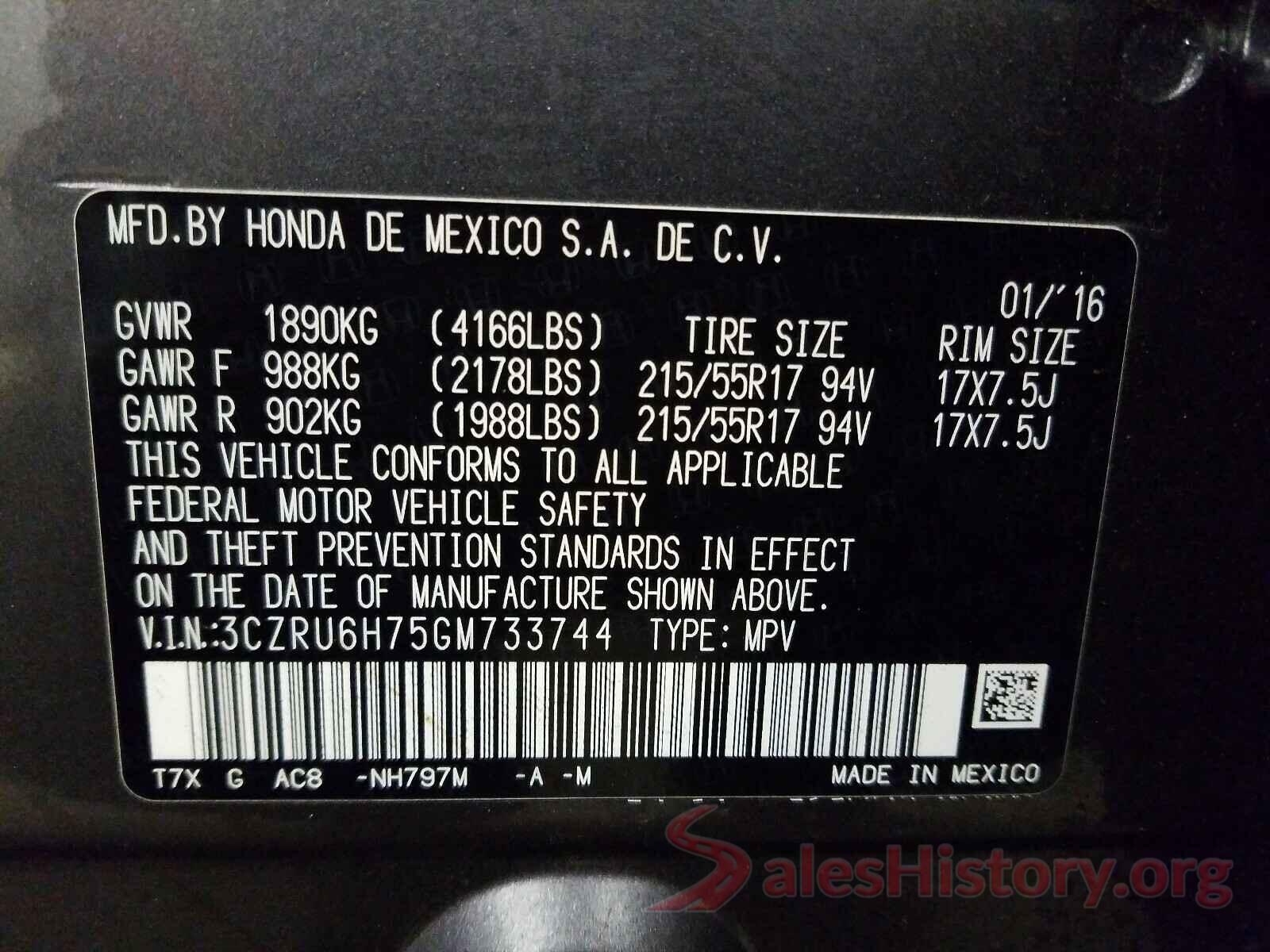 3CZRU6H75GM733744 2016 HONDA HR-V