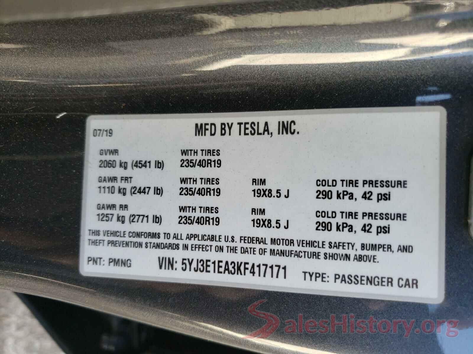 5YJ3E1EA3KF417171 2019 TESLA MODEL 3