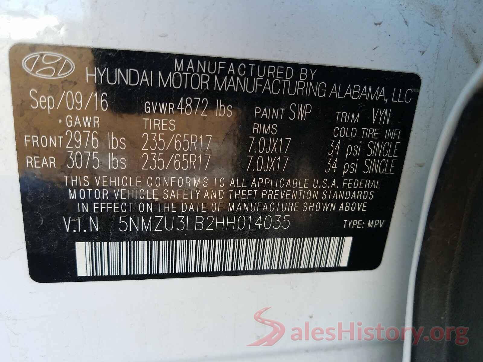 5NMZU3LB2HH014035 2017 HYUNDAI SANTA FE