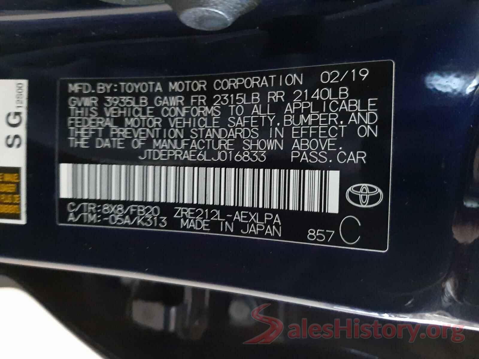 JTDEPRAE6LJ016833 2020 TOYOTA COROLLA