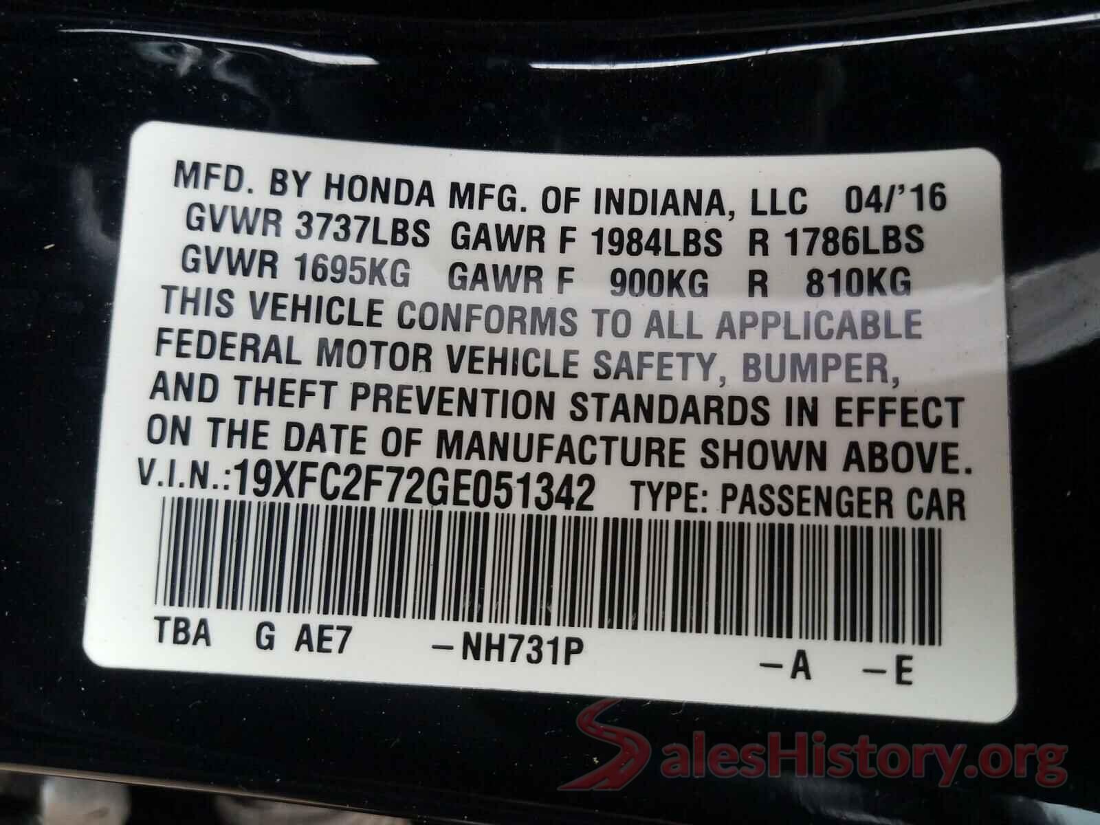 19XFC2F72GE051342 2016 HONDA CIVIC