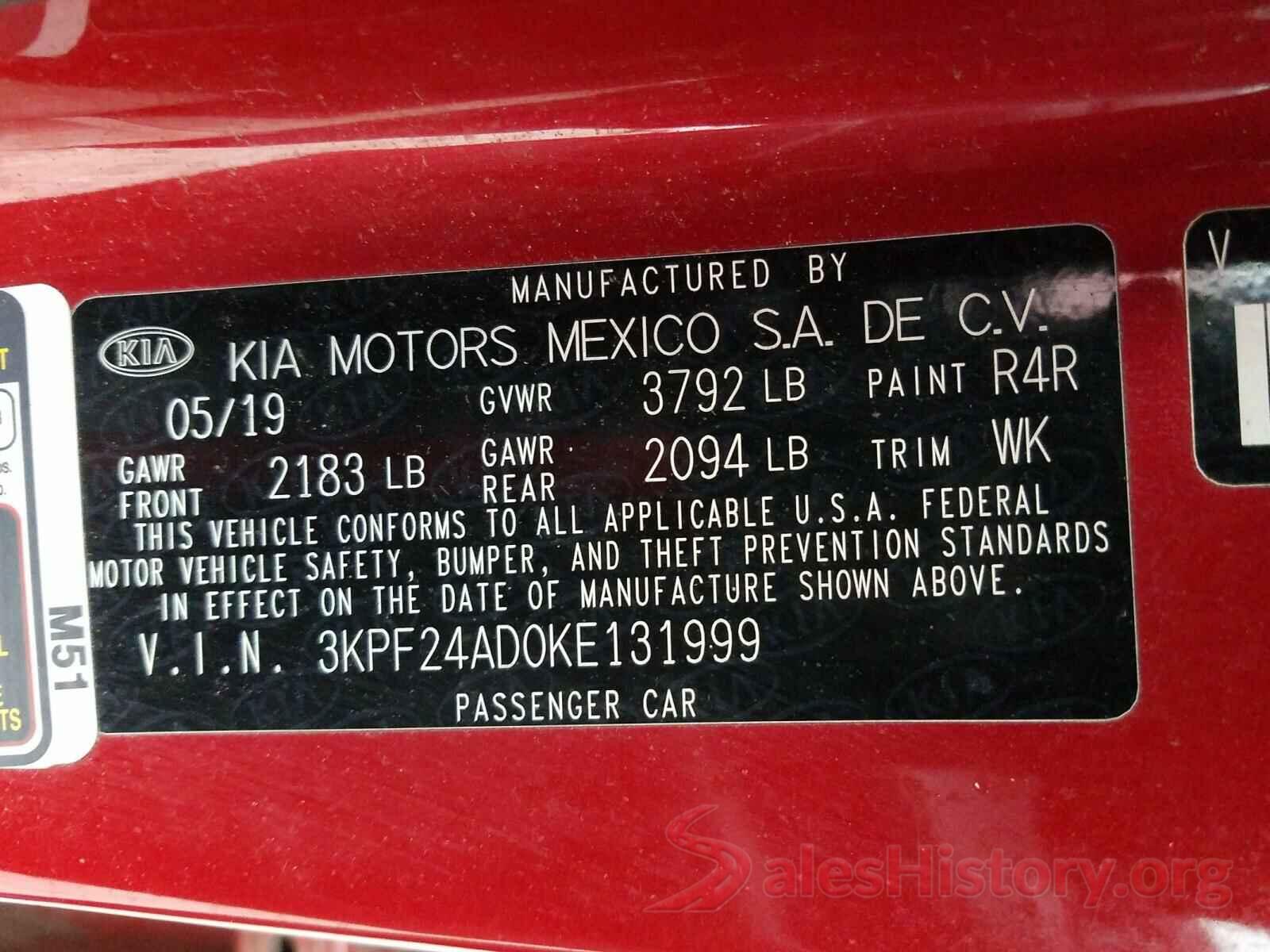 3KPF24AD0KE131999 2019 KIA FORTE