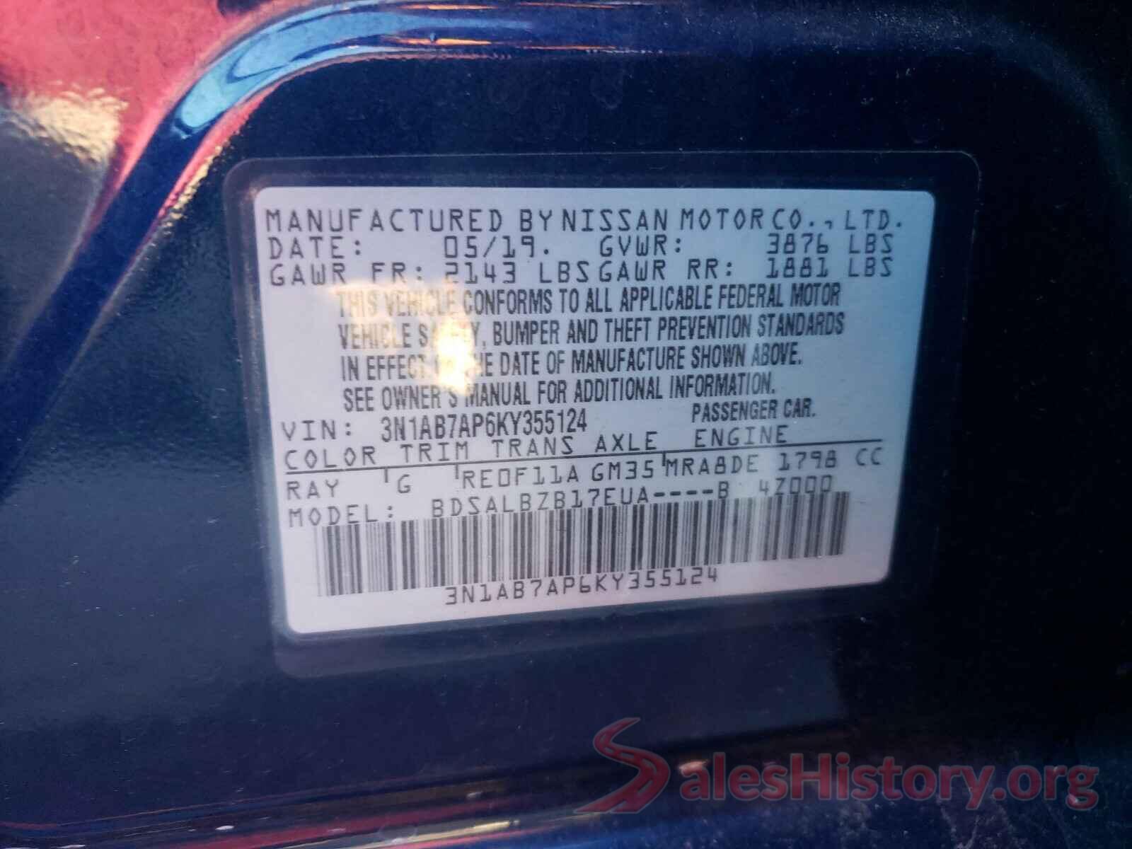 3N1AB7AP6KY355124 2019 NISSAN SENTRA