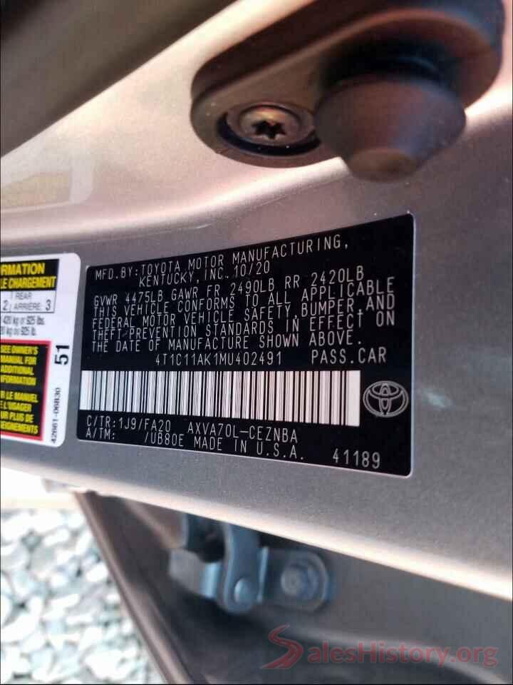 4T1C11AK1MU402491 2021 TOYOTA CAMRY