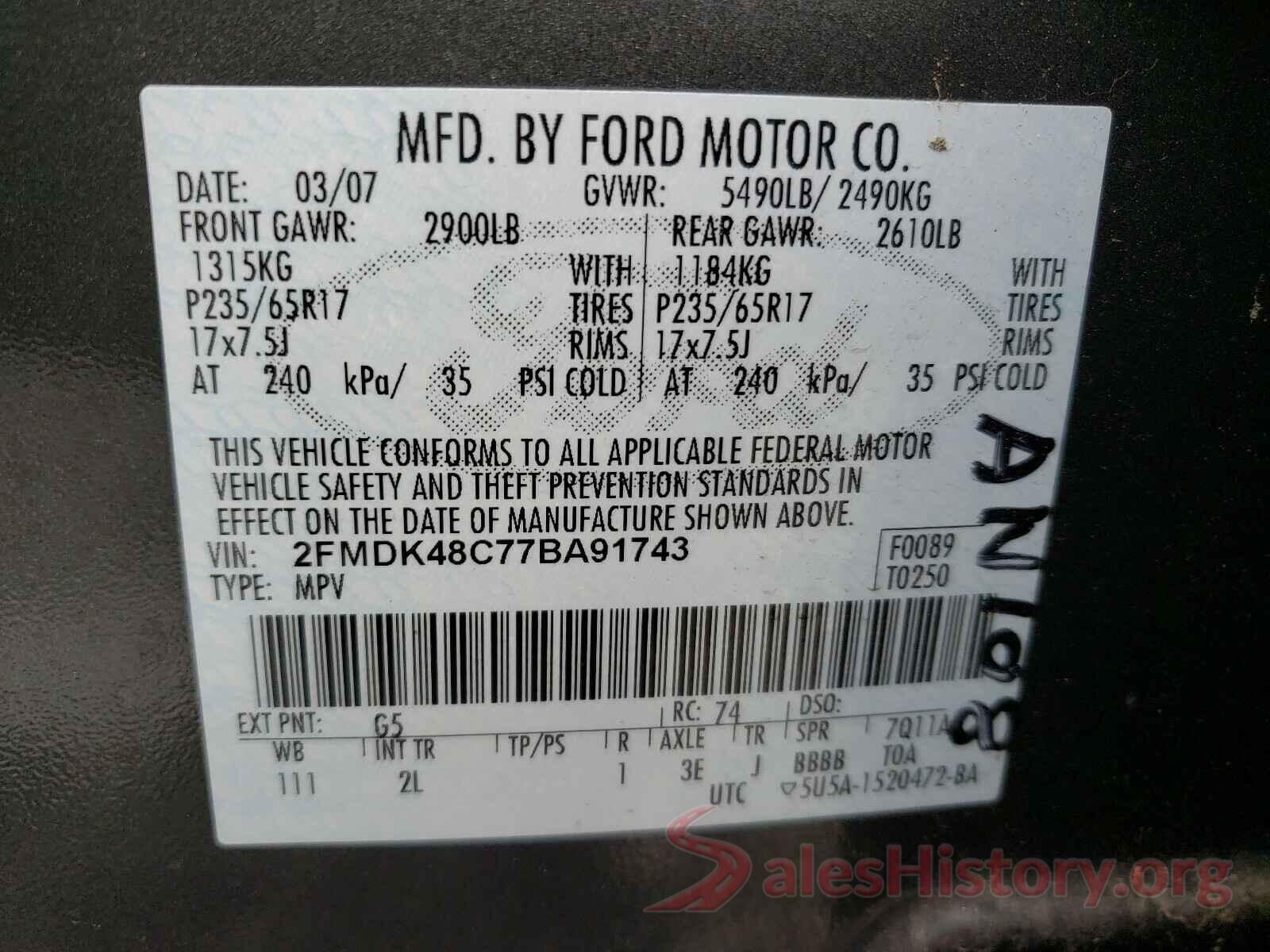 5XYZT3LB7HG492271 2007 FORD EDGE