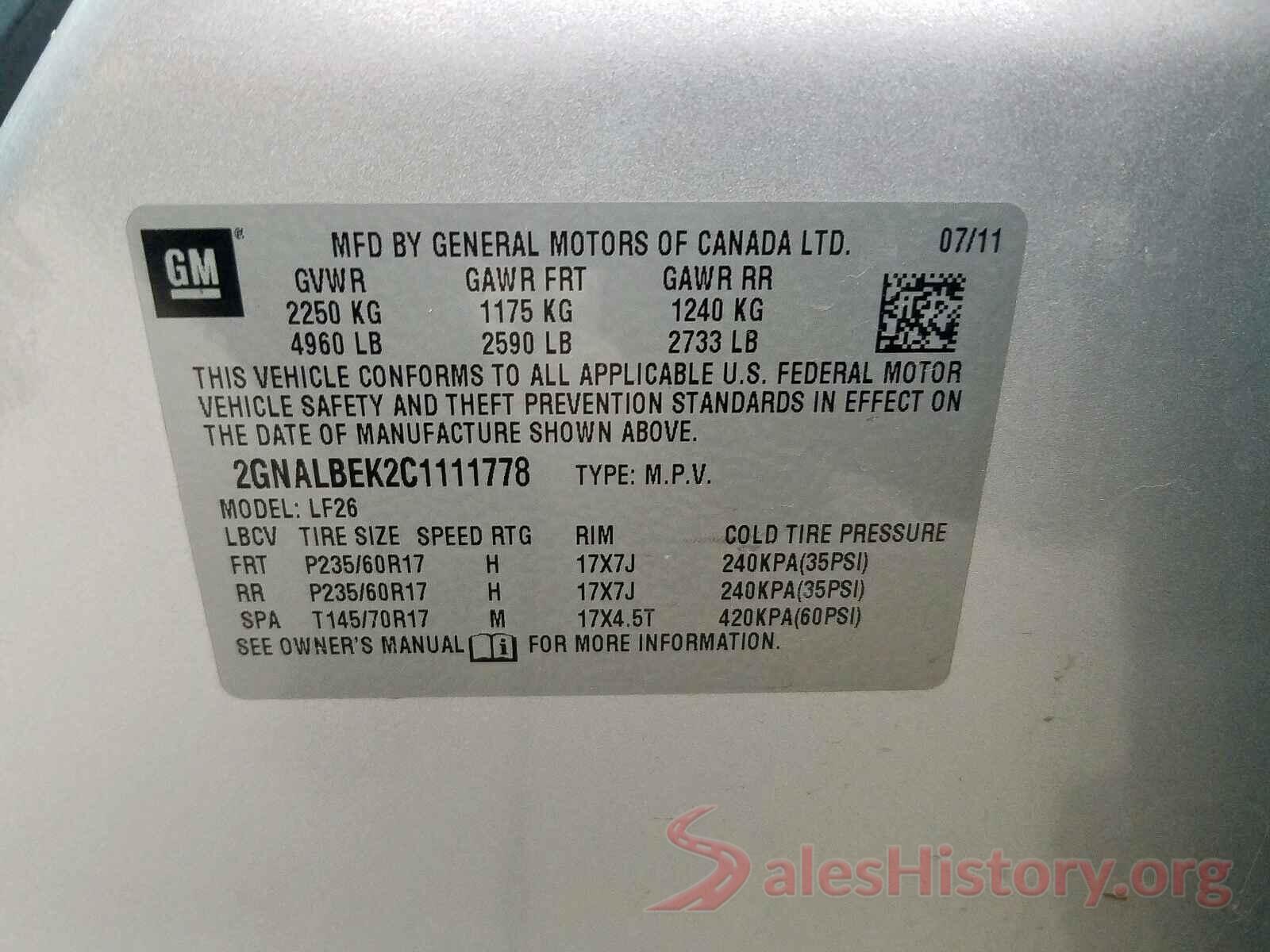 KL7CJKSB7LB046760 2012 CHEVROLET EQUINOX