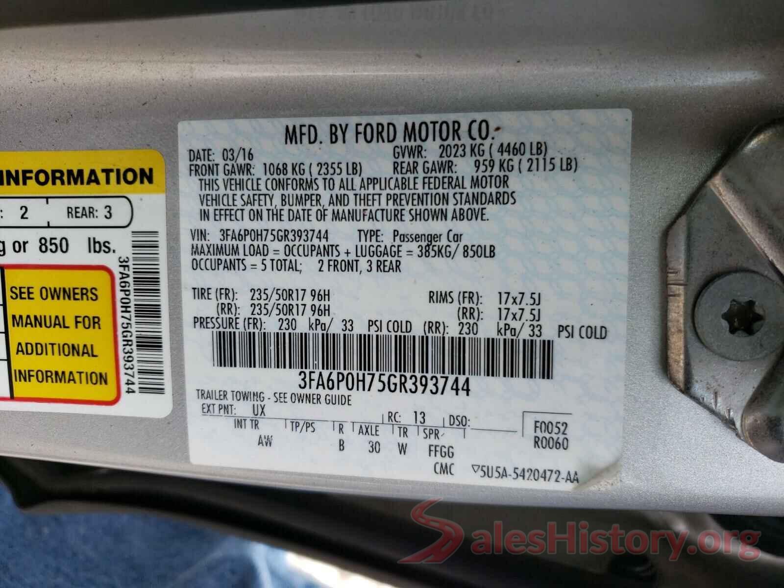 3FA6P0H75GR393744 2016 FORD FUSION