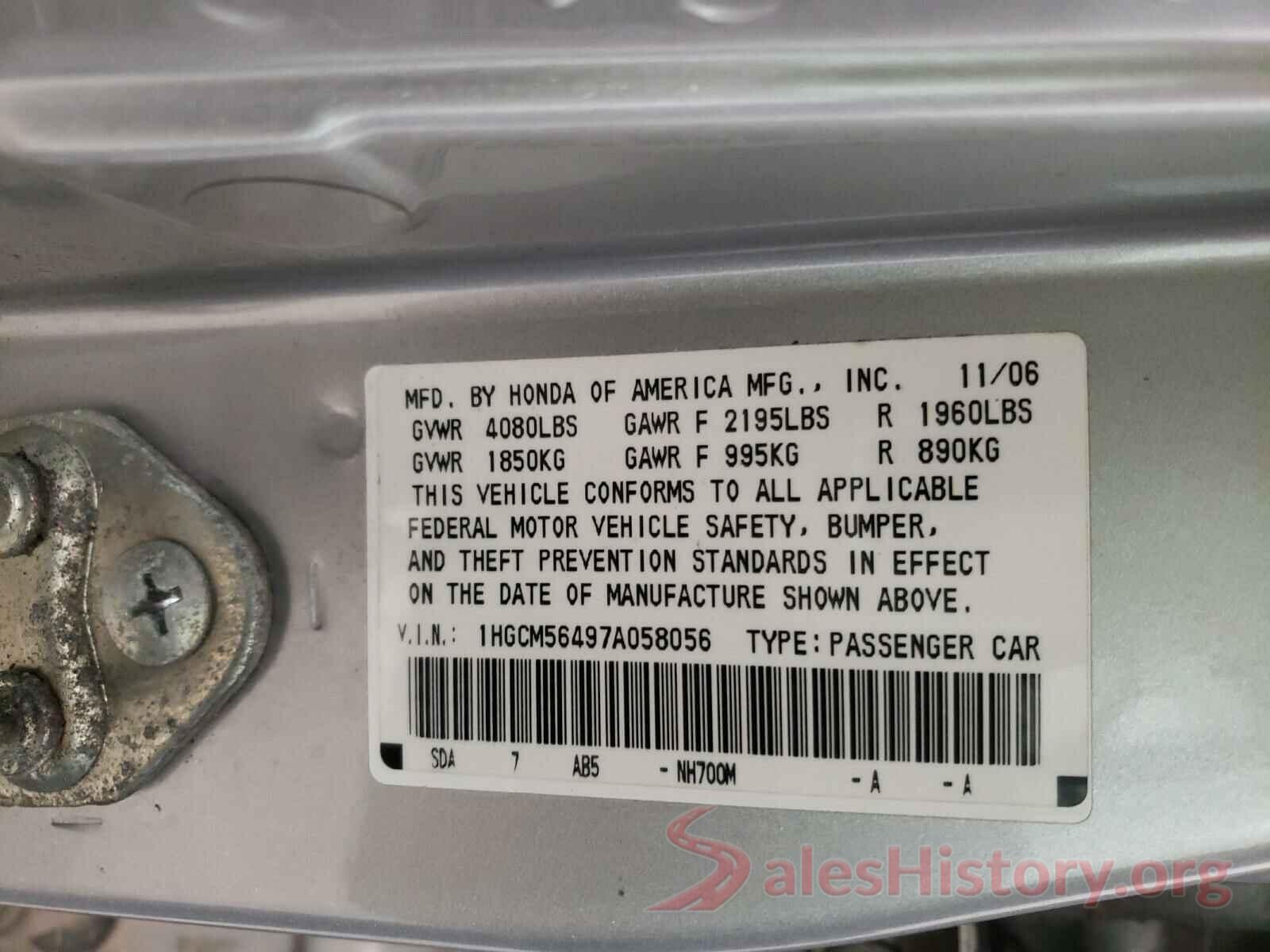 ZACNJABB4LPL93648 2007 HONDA ACCORD