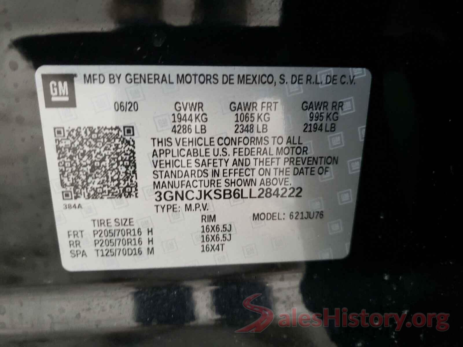 3GNCJKSB6LL284222 2020 CHEVROLET TRAX