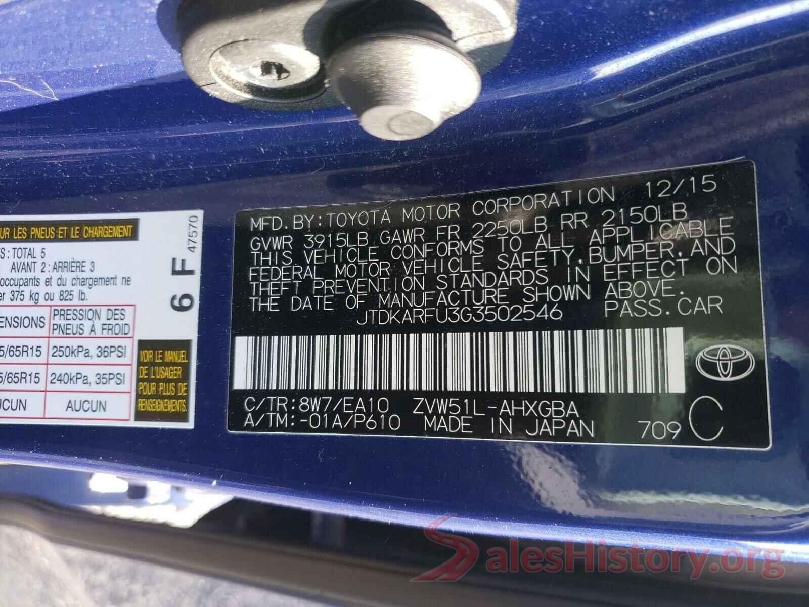 JTDKARFU3G3502546 2016 TOYOTA PRIUS