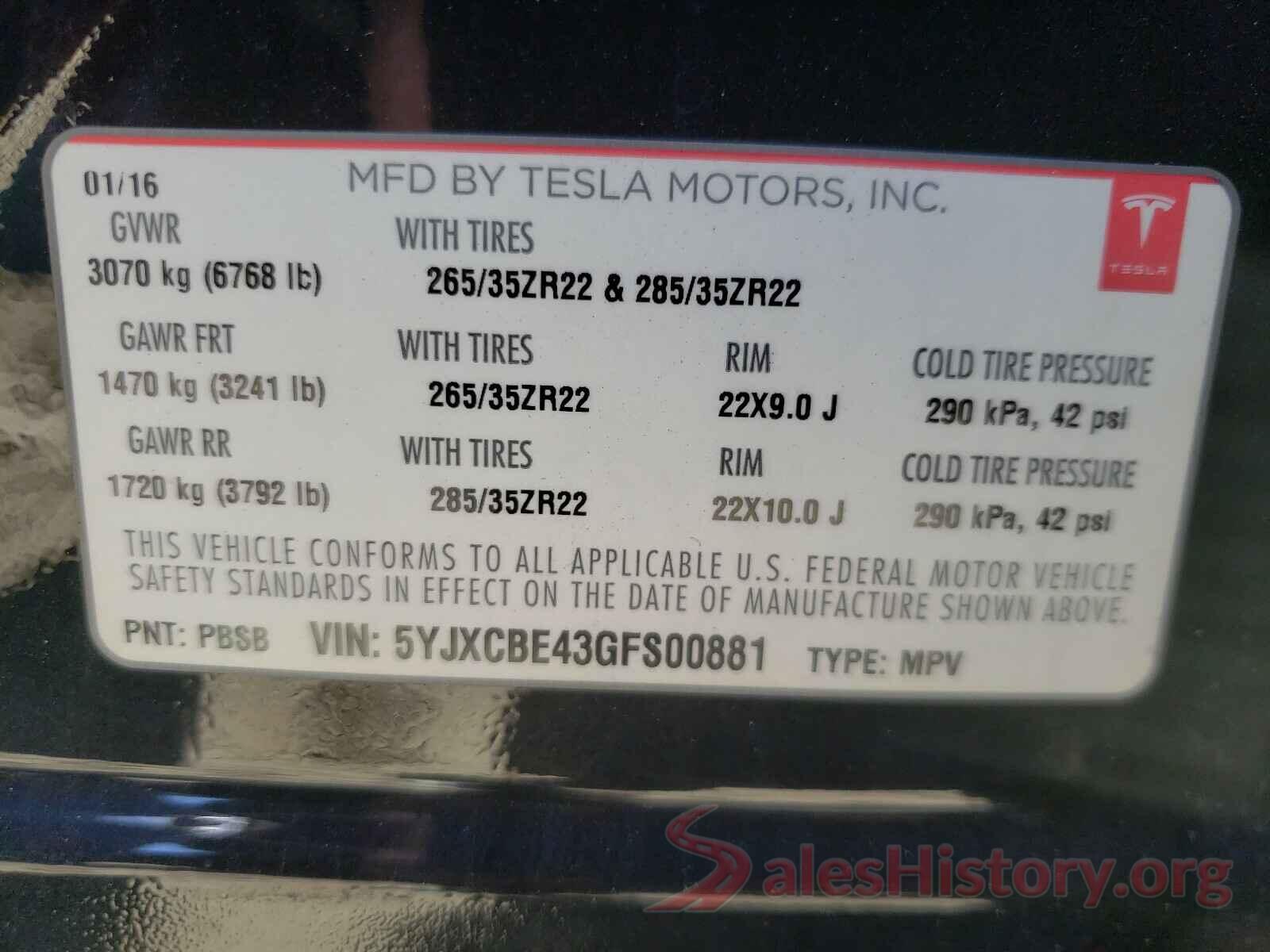 5YJXCBE43GFS00881 2016 TESLA MODEL X