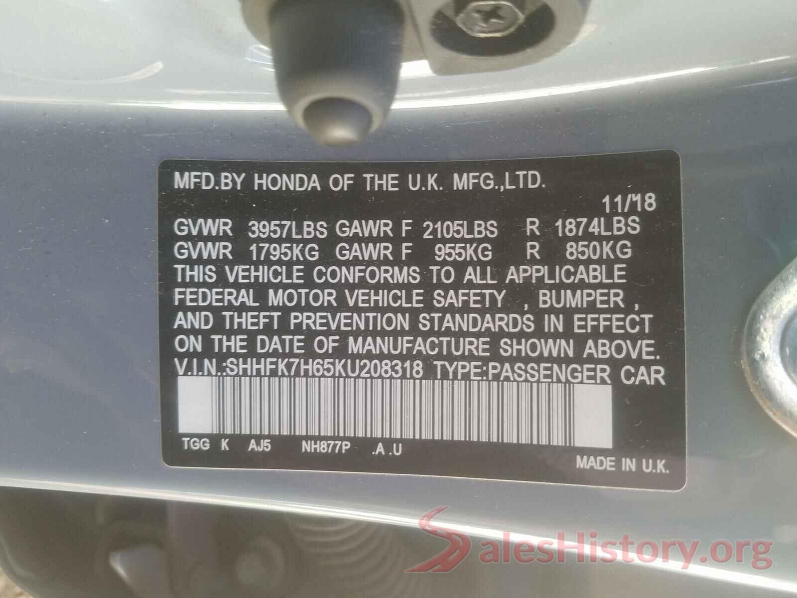 SHHFK7H65KU208318 2019 HONDA CIVIC