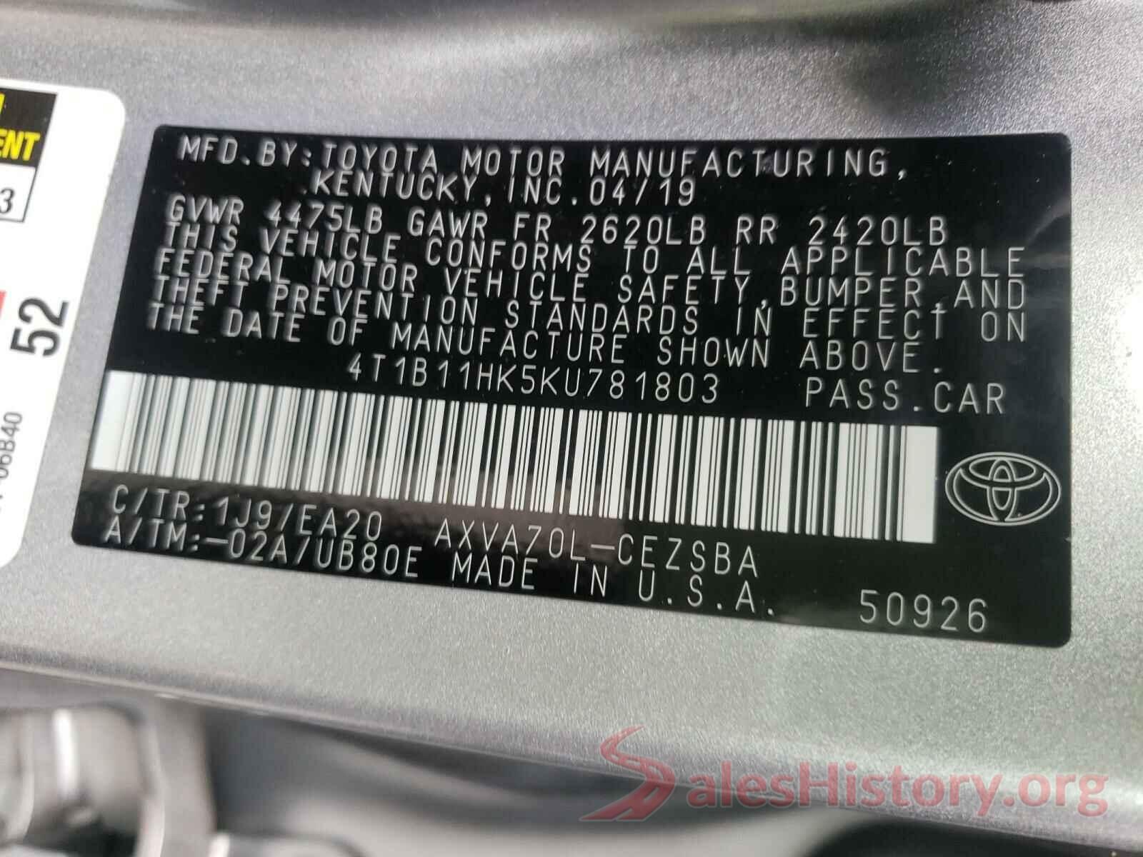 4T1B11HK5KU781803 2019 TOYOTA CAMRY