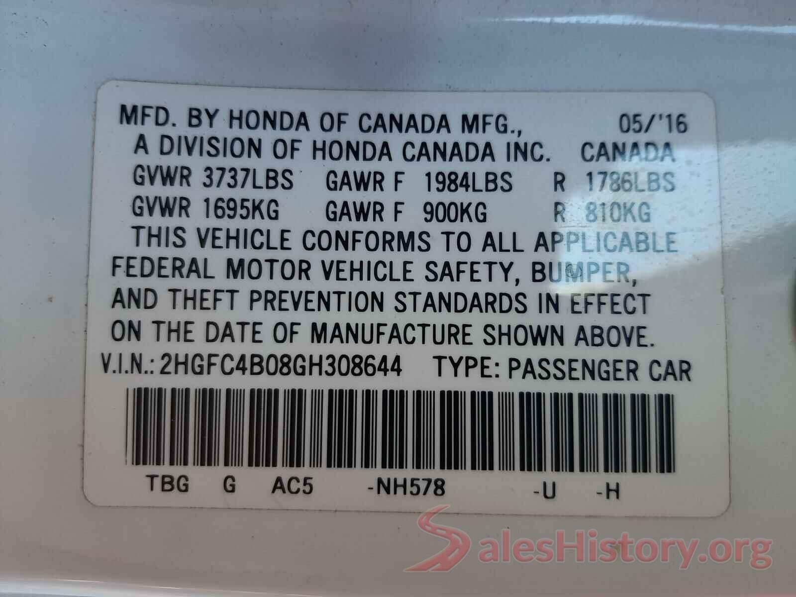 2HGFC4B08GH308644 2016 HONDA CIVIC