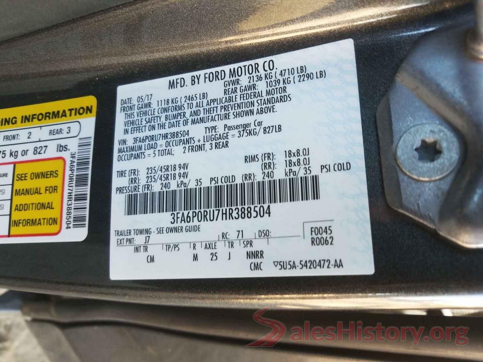 3FA6P0RU7HR388504 2017 FORD FUSION