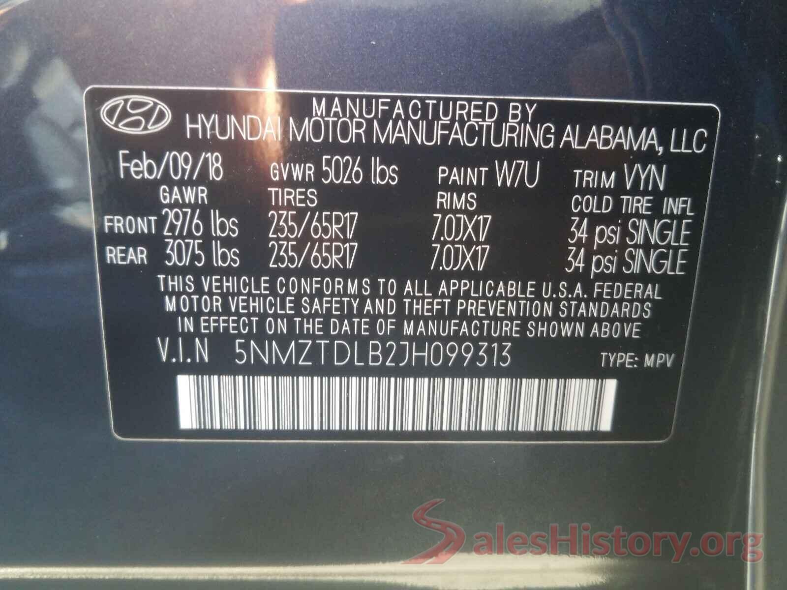 5NMZTDLB2JH099313 2018 HYUNDAI SANTA FE